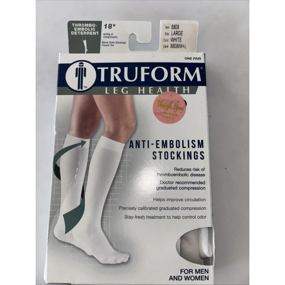 Truform Anti-Embolism Compression Stockings 18mmHg Sz LG White Below-Knee CT3335